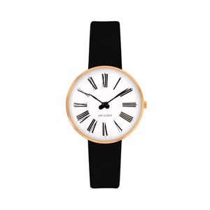 Arne Jacobsen Uhr - römisch - Ø30 mm - vergoldet & schwarzes Lederband